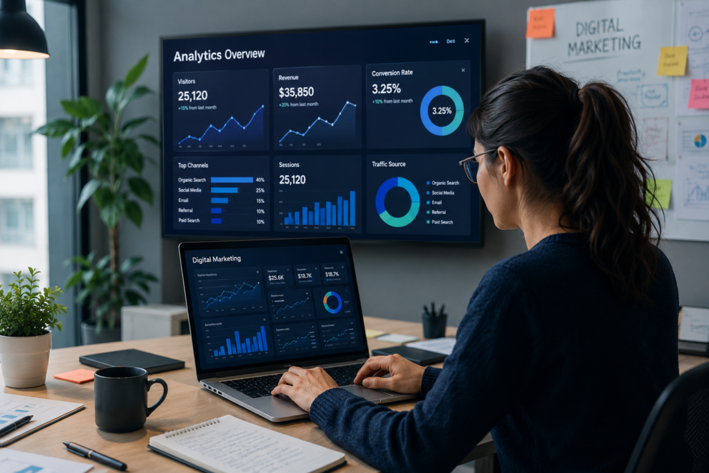 Digital Marketing Services UAE expert analyzing website analytics, SEO performance, and online marketing campaign data on a laptop and dashboard